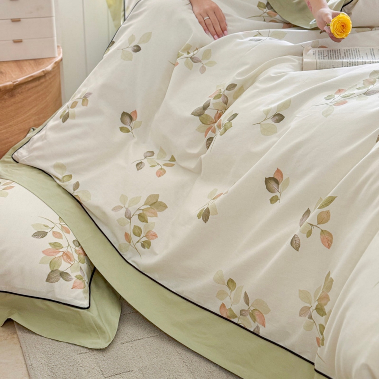 91家纺网 家纺一手货源 找家纺 （总）7V 2026新款嵌绳宽边纯棉四件套13376全棉小清新喷气宽幅长绒棉被套床单床笠套件