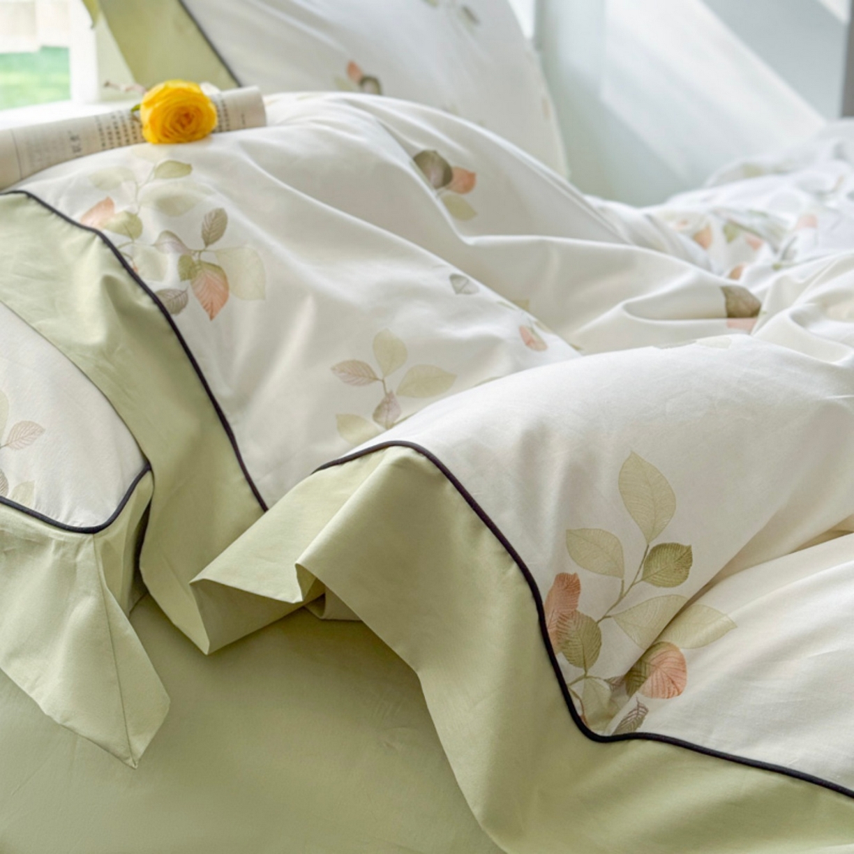 91家纺网 家纺一手货源 找家纺 （总）7V 2026新款嵌绳宽边纯棉四件套13376全棉小清新喷气宽幅长绒棉被套床单床笠套件