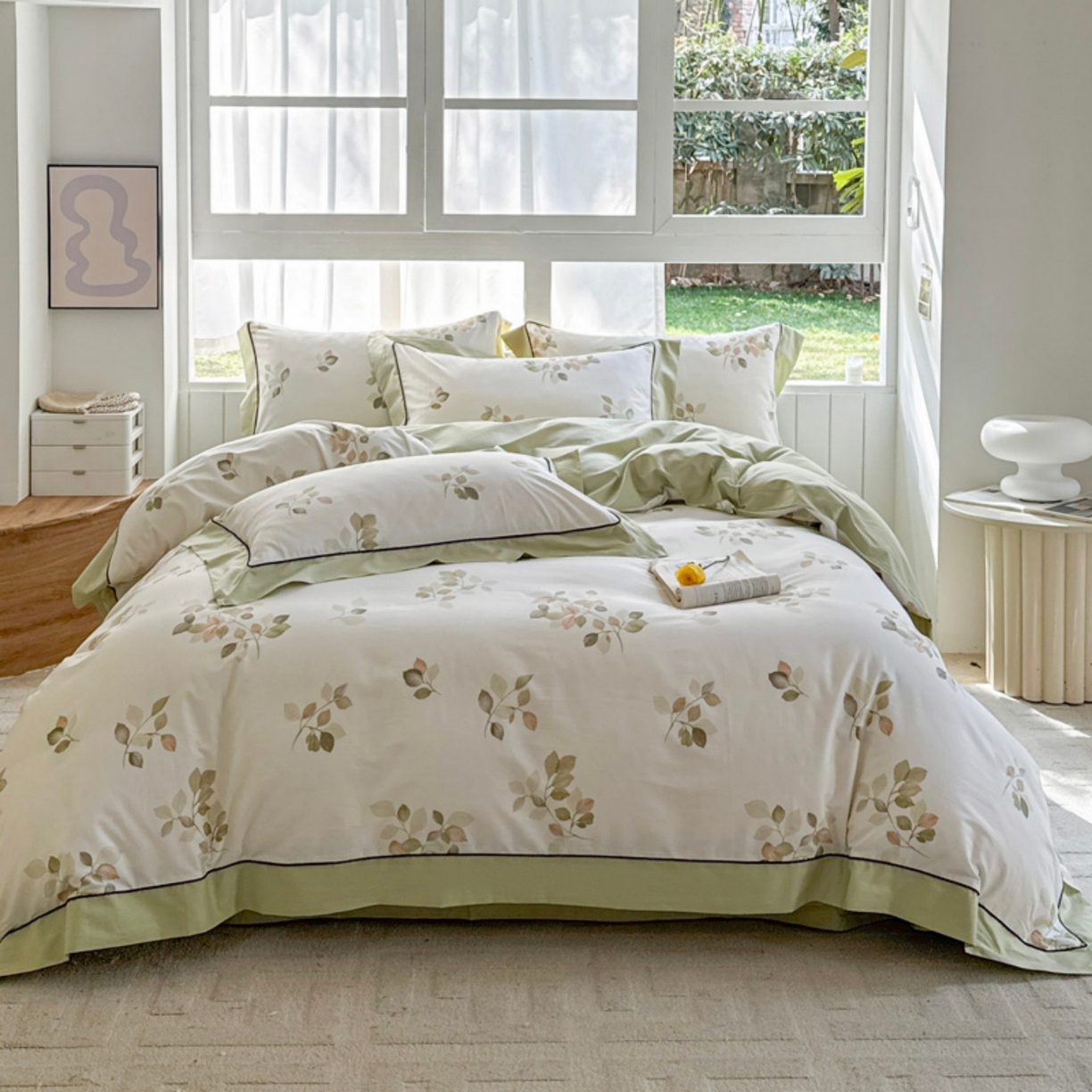 91家纺网 家纺一手货源 找家纺 （总）7V 2026新款嵌绳宽边纯棉四件套13376全棉小清新喷气宽幅长绒棉被套床单床笠套件