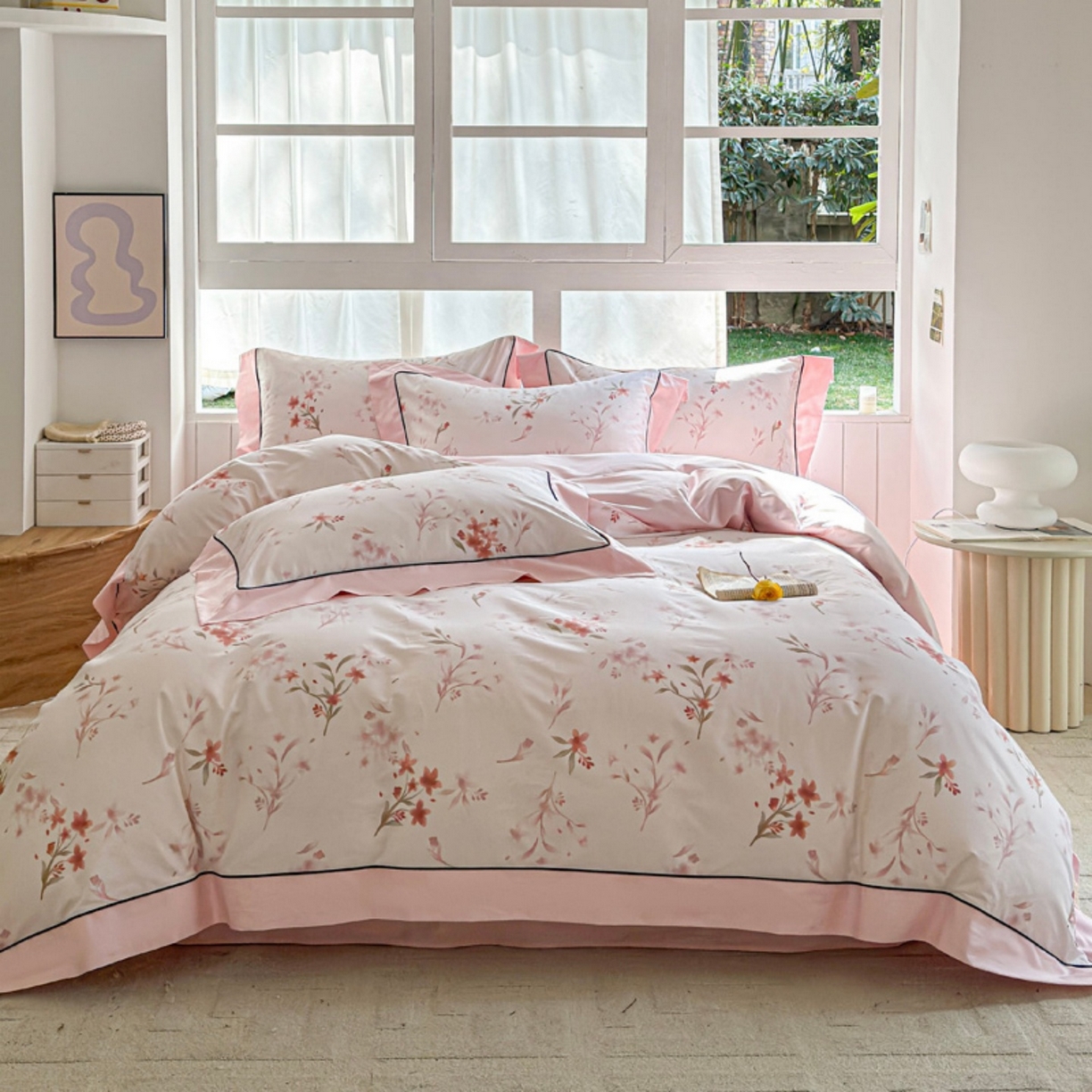 91家纺网 家纺一手货源 找家纺 （总）7V 2026新款嵌绳宽边纯棉四件套13376全棉小清新喷气宽幅长绒棉被套床单床笠套件