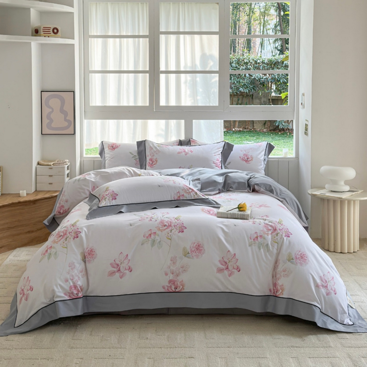 91家纺网 家纺一手货源 找家纺 （总）7V 2026新款嵌绳宽边纯棉四件套13376全棉小清新喷气宽幅长绒棉被套床单床笠套件