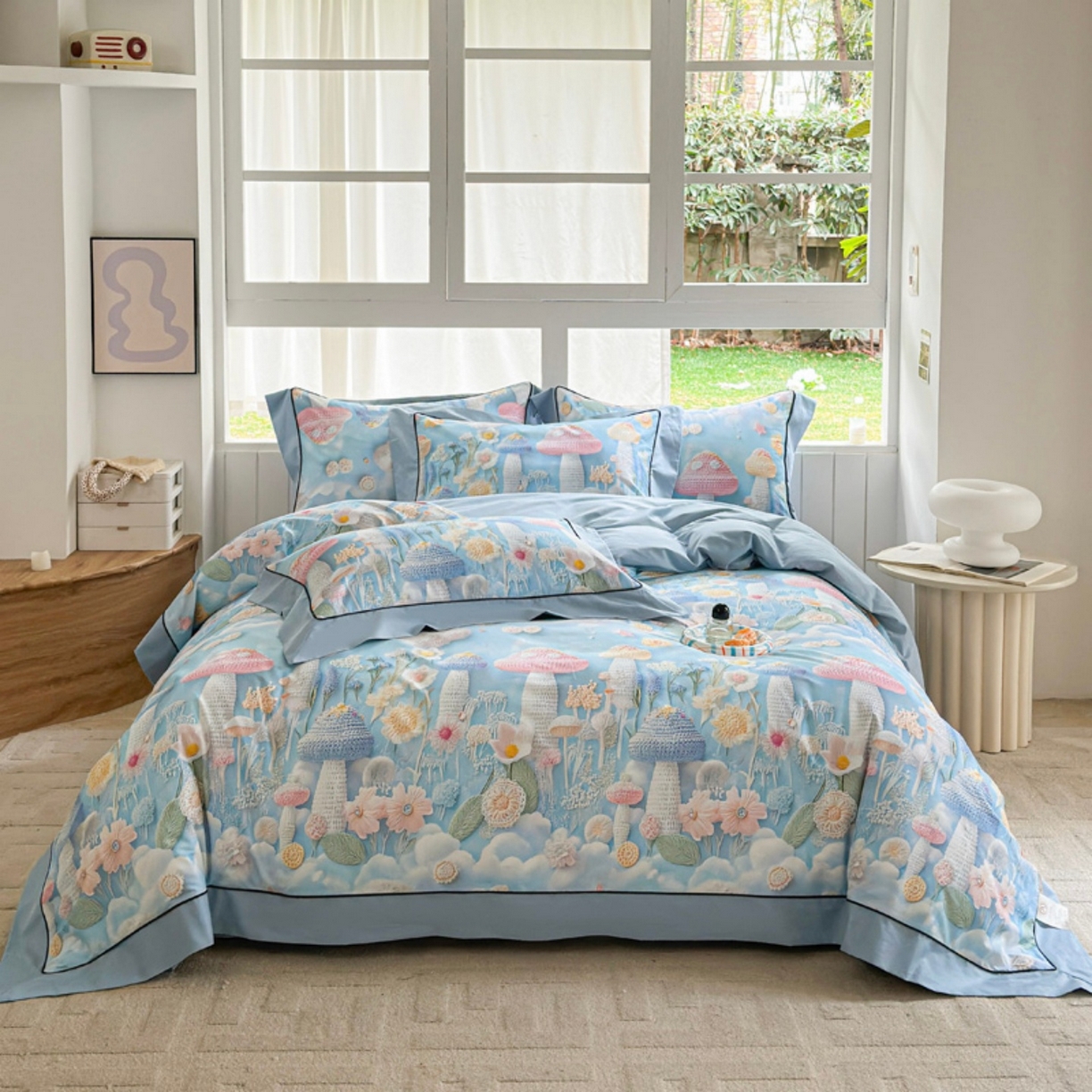 91家纺网 家纺一手货源 找家纺 （总）7V 2026新款嵌绳宽边纯棉四件套13376全棉小清新喷气宽幅长绒棉被套床单床笠套件