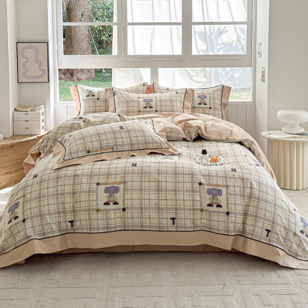 91家纺网 家纺一手货源 找家纺 （总）7V 2026新款嵌绳宽边纯棉四件套13376全棉小清新喷气宽幅长绒棉被套床单床笠套件