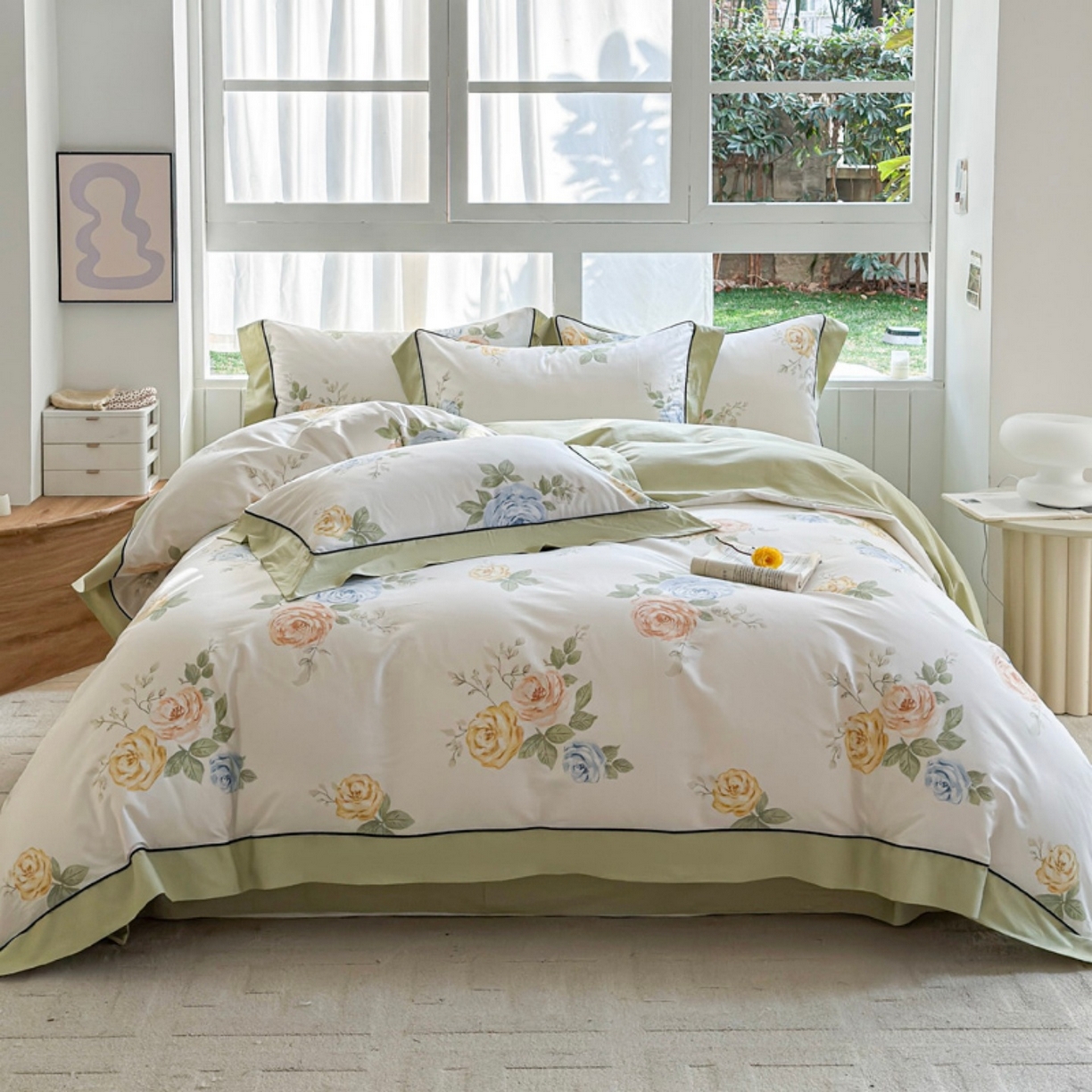 91家纺网 家纺一手货源 找家纺 （总）7V 2026新款嵌绳宽边纯棉四件套13376全棉小清新喷气宽幅长绒棉被套床单床笠套件