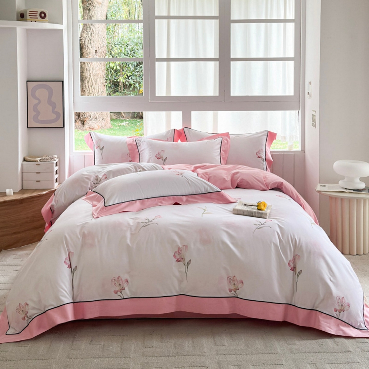 91家纺网 家纺一手货源 找家纺 （总）7V 2026新款嵌绳宽边纯棉四件套13376全棉小清新喷气宽幅长绒棉被套床单床笠套件