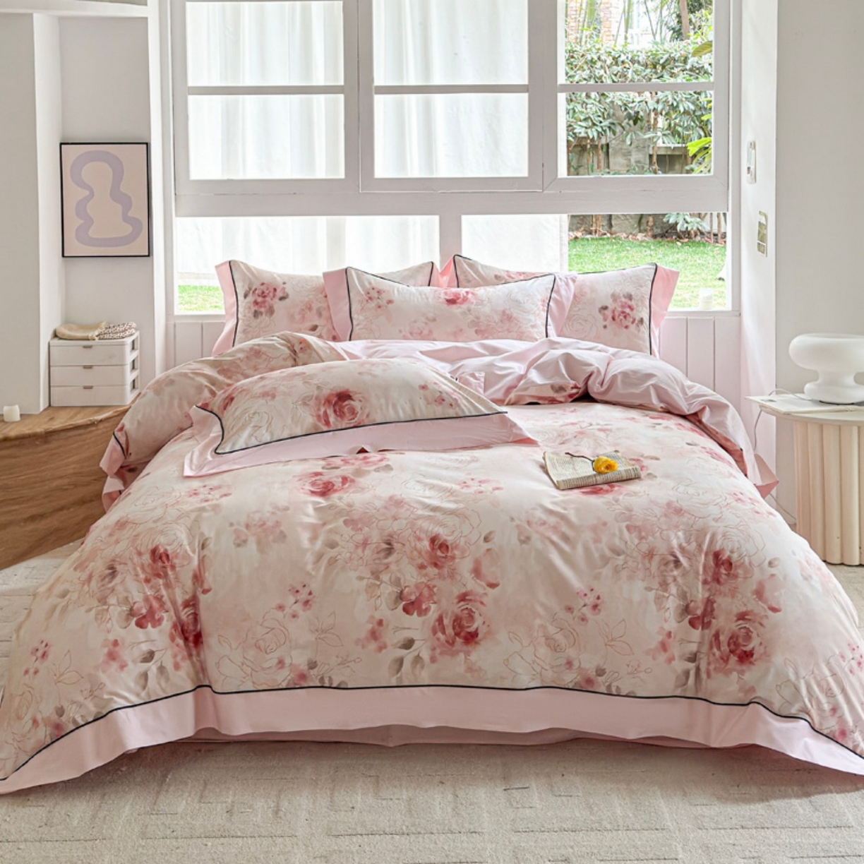 7V 2026新款嵌绳宽边纯棉四件套13376全棉小清新喷气宽幅长绒棉被套床单床笠套件 薄荷曼花