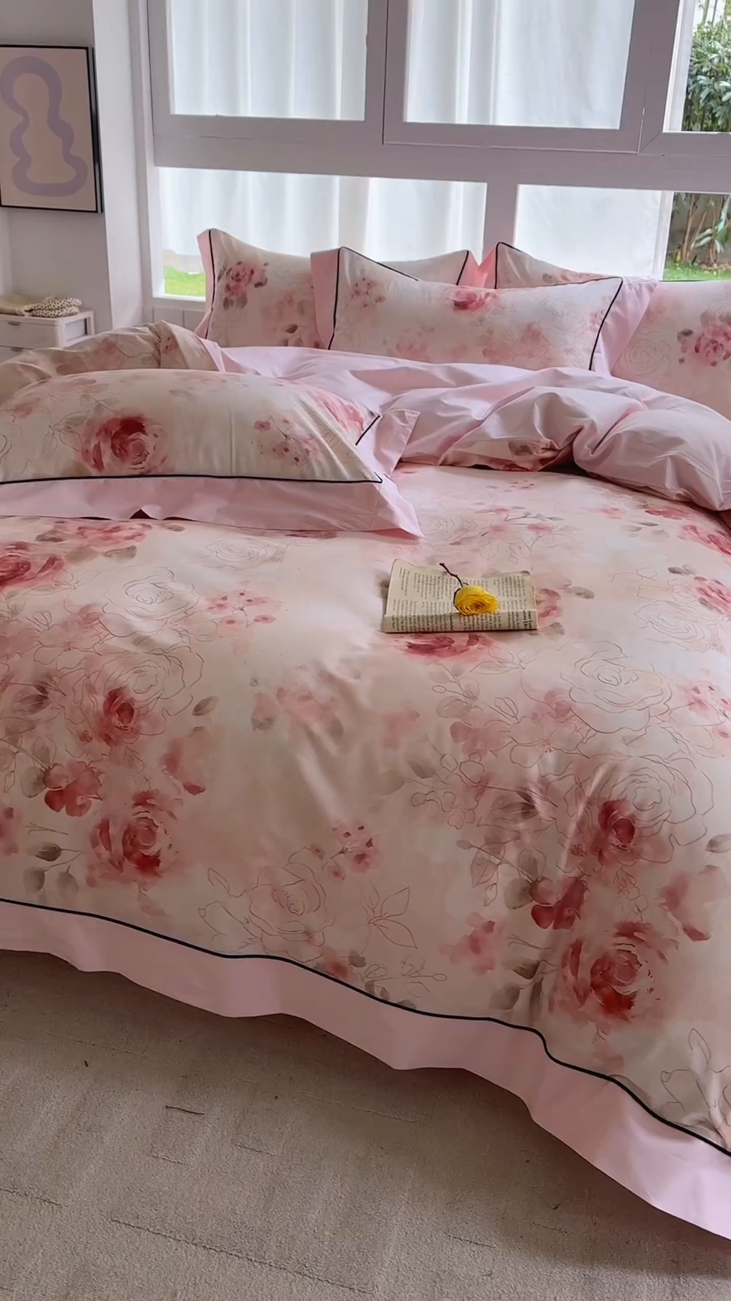 91家纺网 家纺一手货源 找家纺 7V 2026新款嵌绳宽边纯棉四件套13376全棉小清新喷气宽幅长绒棉被套床单床笠套件 薄荷曼花