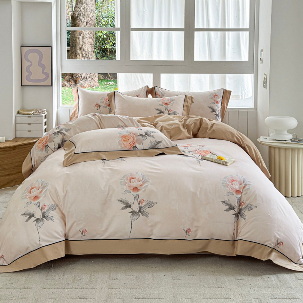 7V 2026新款嵌绳宽边纯棉四件套13376全棉小清新喷气宽幅长绒棉被套床单床笠套件 花开满满