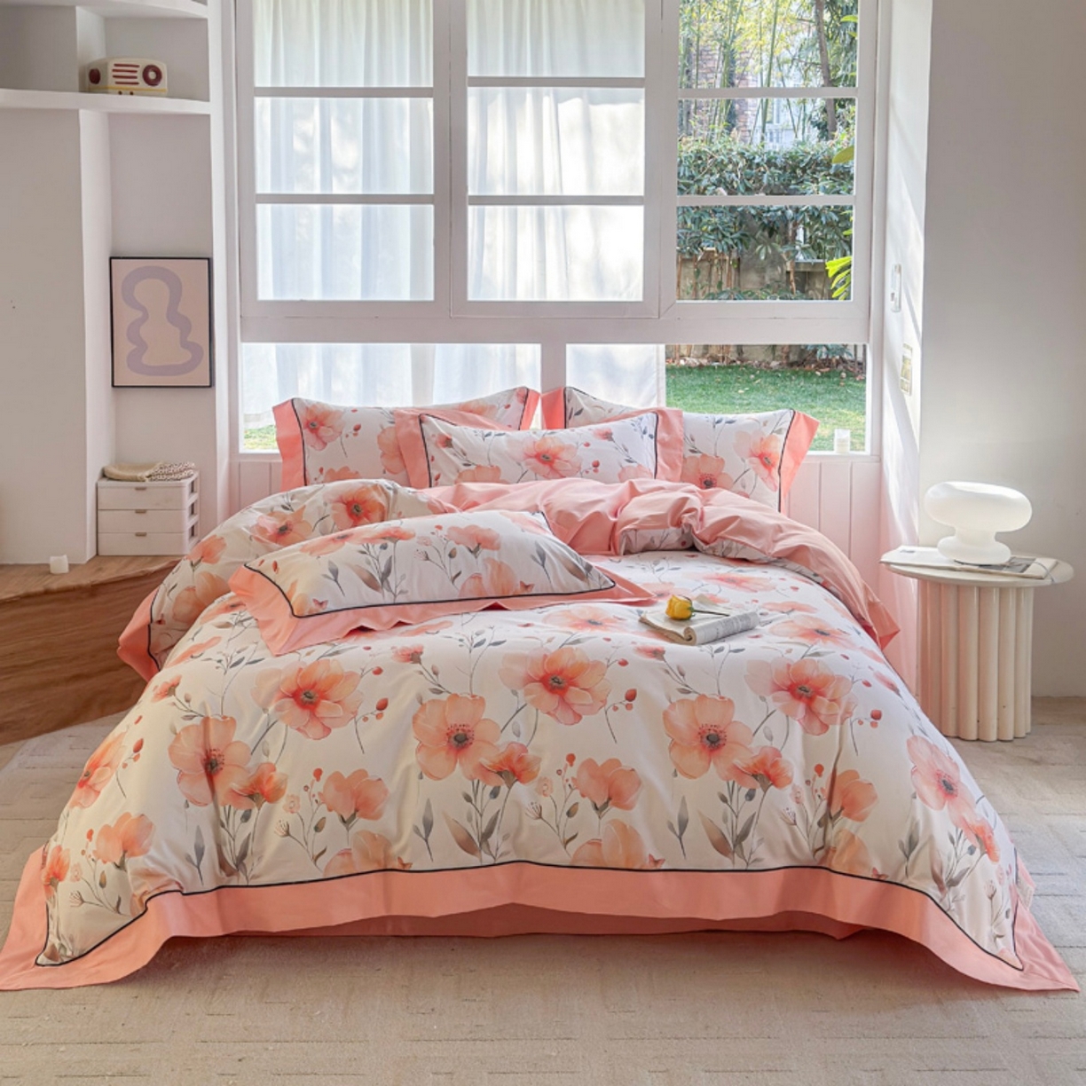 7V 2026新款嵌绳宽边纯棉四件套13376全棉小清新喷气宽幅长绒棉被套床单床笠套件 华丽绽放