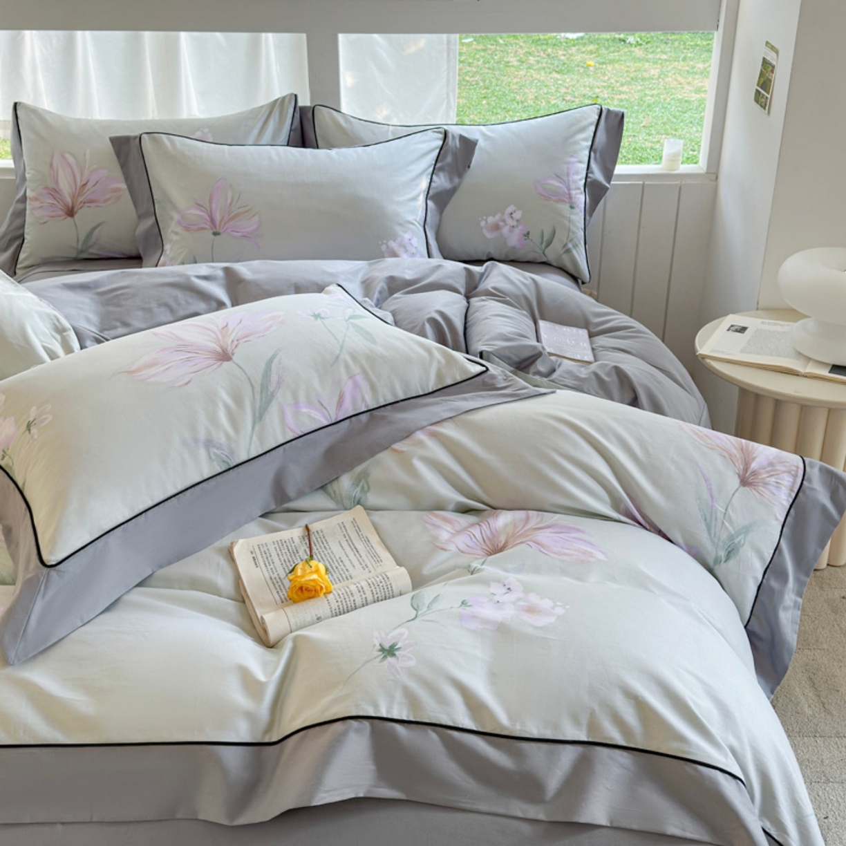 91家纺网 家纺一手货源 找家纺 7V 2026新款嵌绳宽边纯棉四件套13376全棉小清新喷气宽幅长绒棉被套床单床笠套件 静香