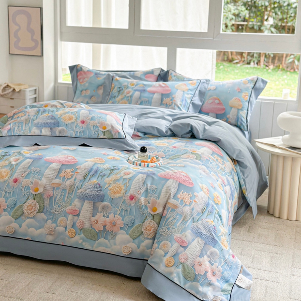 91家纺网 家纺一手货源 找家纺 7V 2026新款嵌绳宽边纯棉四件套13376全棉小清新喷气宽幅长绒棉被套床单床笠套件 马卡龙