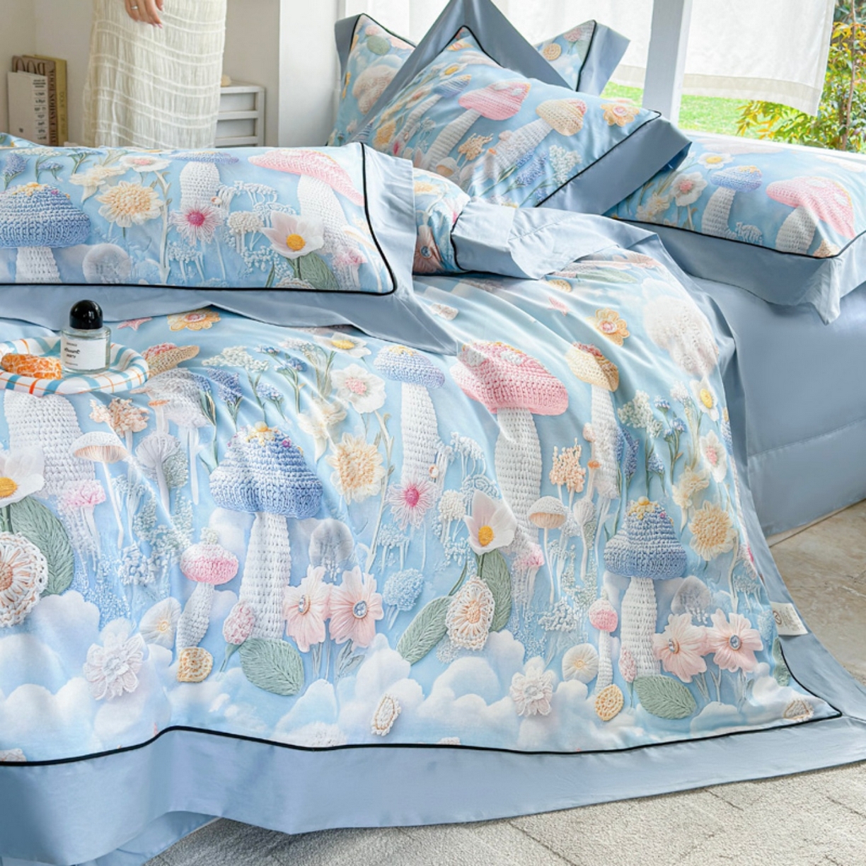 91家纺网 家纺一手货源 找家纺 7V 2026新款嵌绳宽边纯棉四件套13376全棉小清新喷气宽幅长绒棉被套床单床笠套件 马卡龙