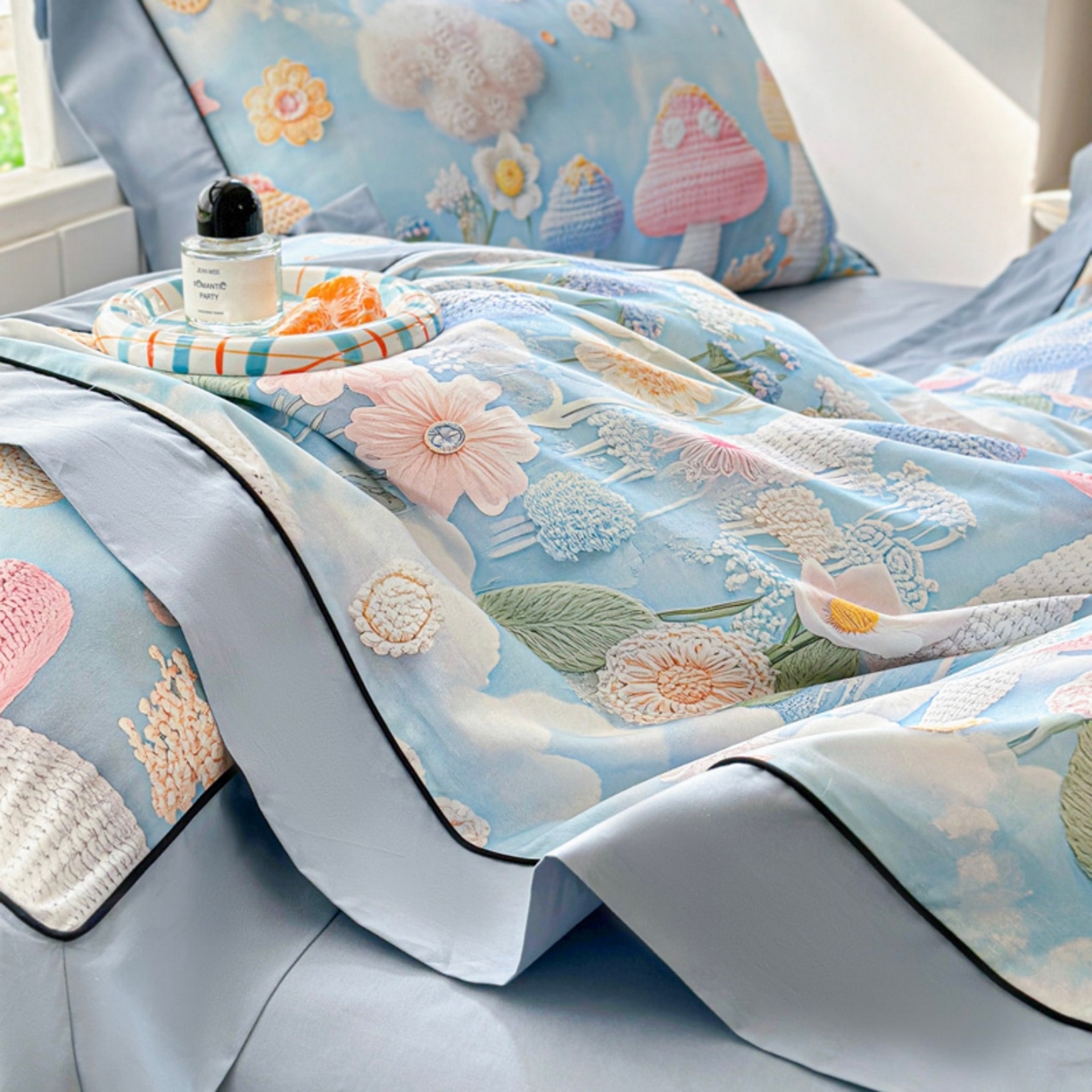 91家纺网 家纺一手货源 找家纺 7V 2026新款嵌绳宽边纯棉四件套13376全棉小清新喷气宽幅长绒棉被套床单床笠套件 马卡龙