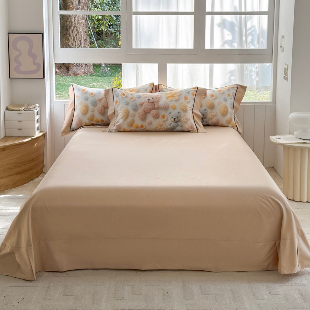 91家纺网 家纺一手货源 找家纺 7V 2026新款嵌绳宽边纯棉四件套13376全棉小清新喷气宽幅长绒棉被套床单床笠套件 眠眠笔记