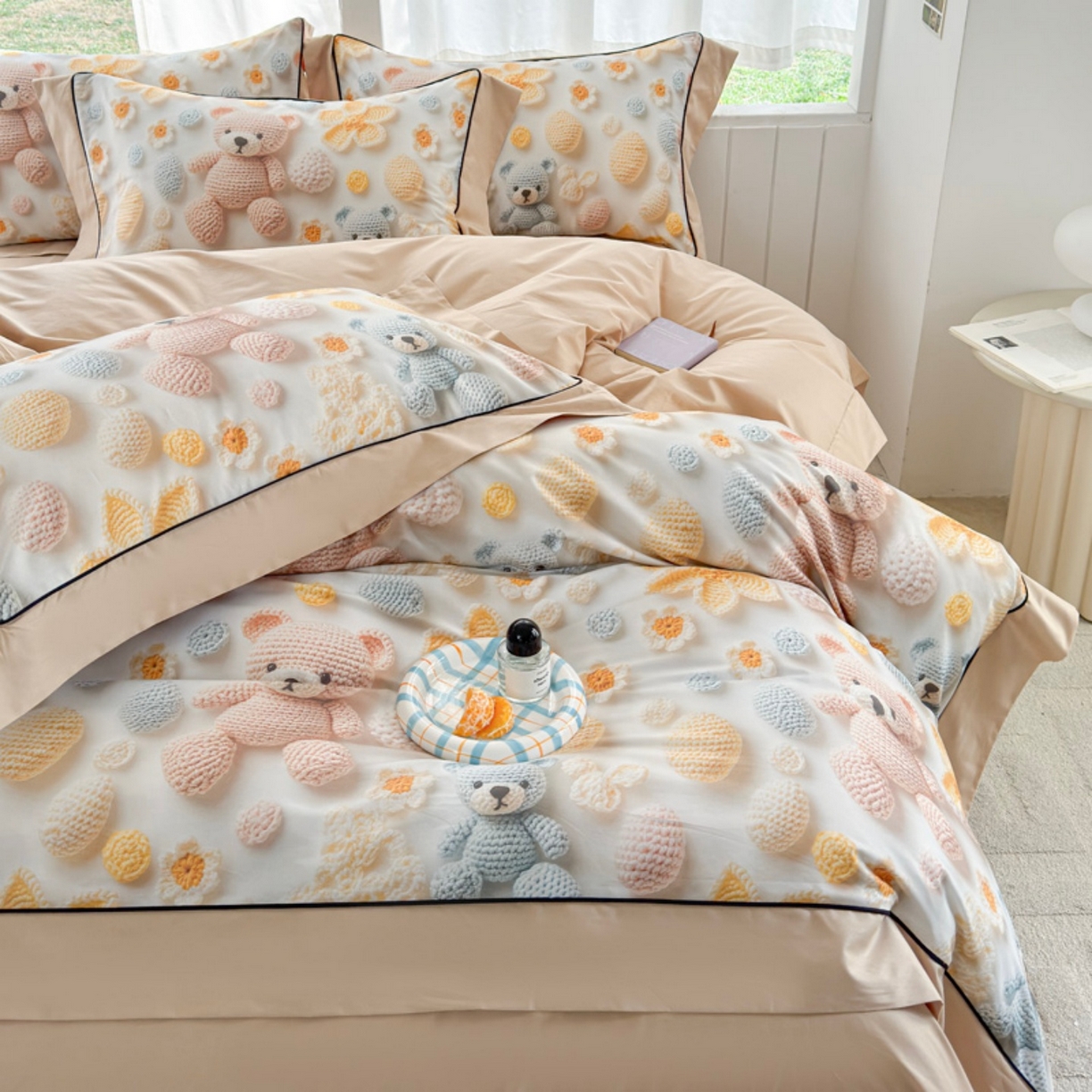 91家纺网 家纺一手货源 找家纺 7V 2026新款嵌绳宽边纯棉四件套13376全棉小清新喷气宽幅长绒棉被套床单床笠套件 眠眠笔记