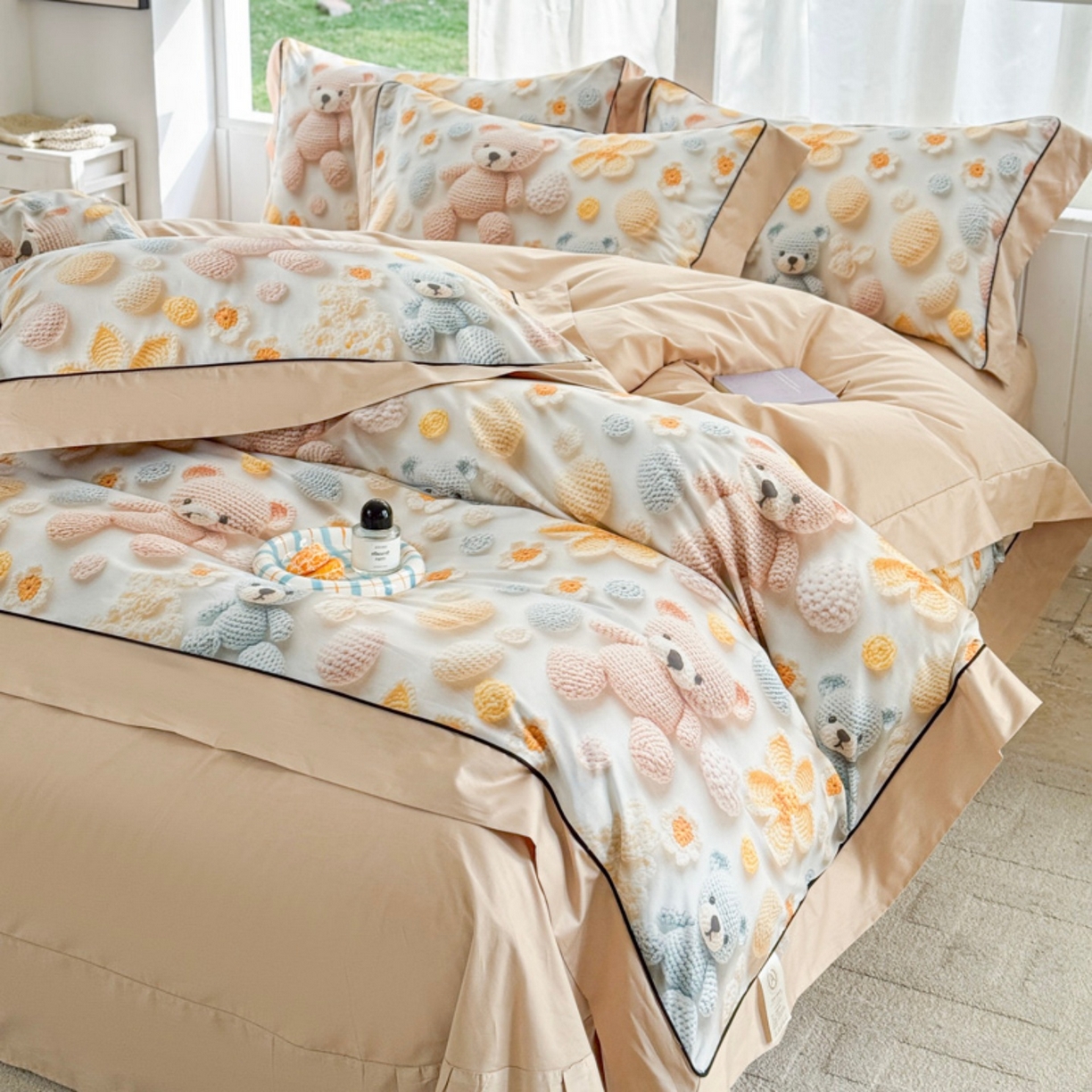 91家纺网 家纺一手货源 找家纺 7V 2026新款嵌绳宽边纯棉四件套13376全棉小清新喷气宽幅长绒棉被套床单床笠套件 眠眠笔记