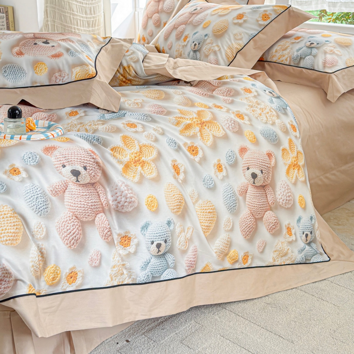 91家纺网 家纺一手货源 找家纺 7V 2026新款嵌绳宽边纯棉四件套13376全棉小清新喷气宽幅长绒棉被套床单床笠套件 眠眠笔记