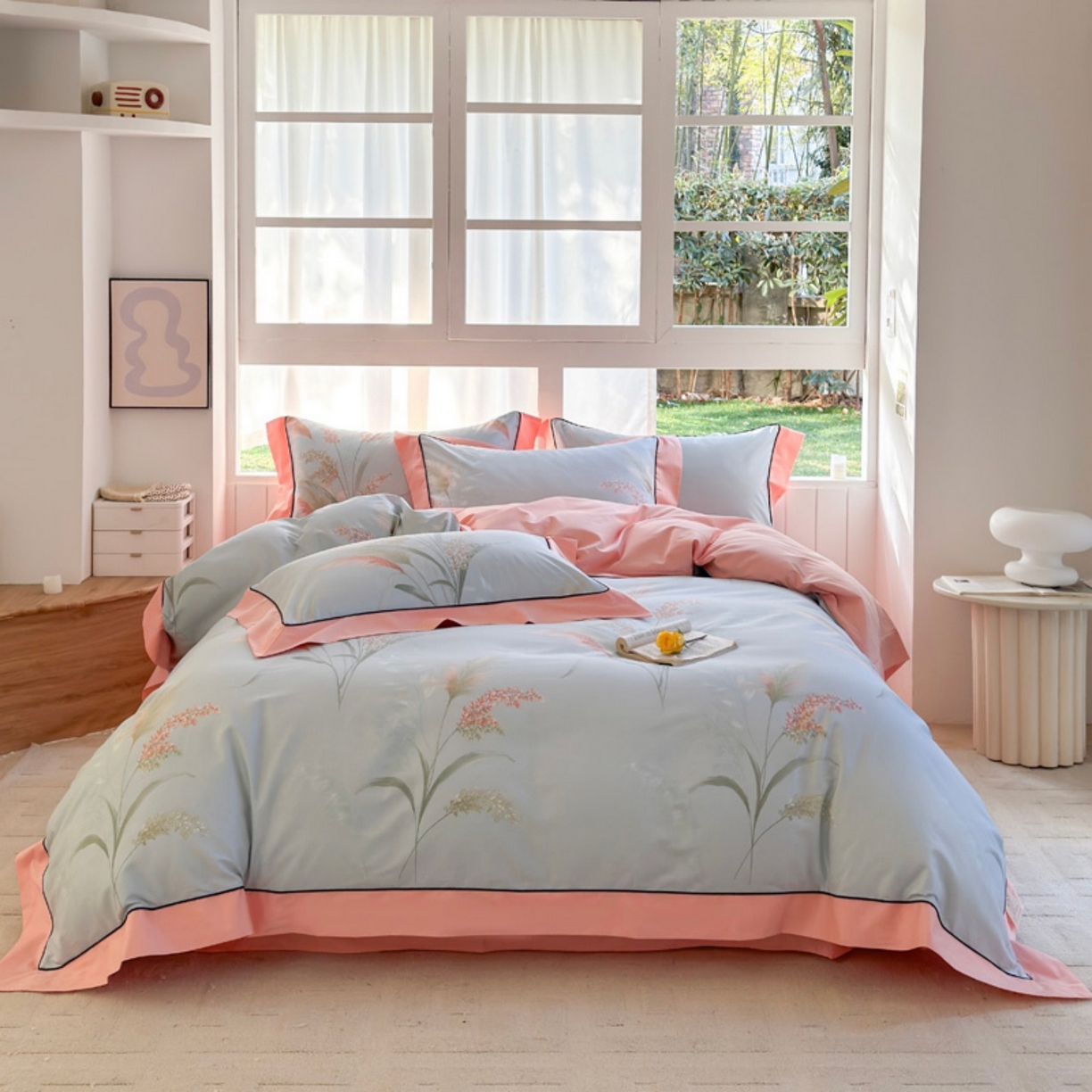 7V 2026新款嵌绳宽边纯棉四件套13376全棉小清新喷气宽幅长绒棉被套床单床笠套件 倾城