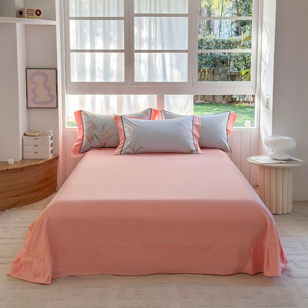 91家纺网 家纺一手货源 找家纺 7V 2026新款嵌绳宽边纯棉四件套13376全棉小清新喷气宽幅长绒棉被套床单床笠套件 倾城