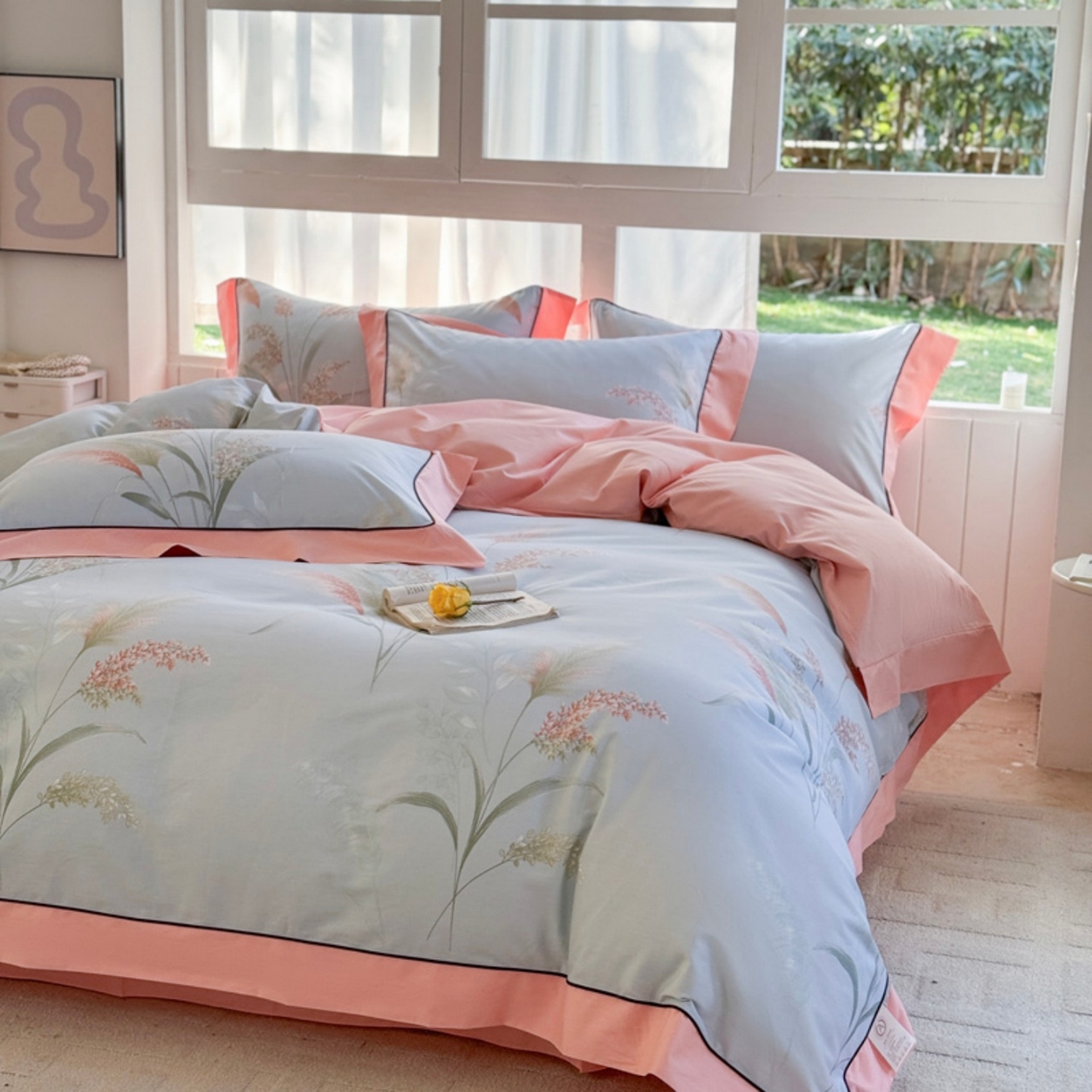 91家纺网 家纺一手货源 找家纺 7V 2026新款嵌绳宽边纯棉四件套13376全棉小清新喷气宽幅长绒棉被套床单床笠套件 倾城