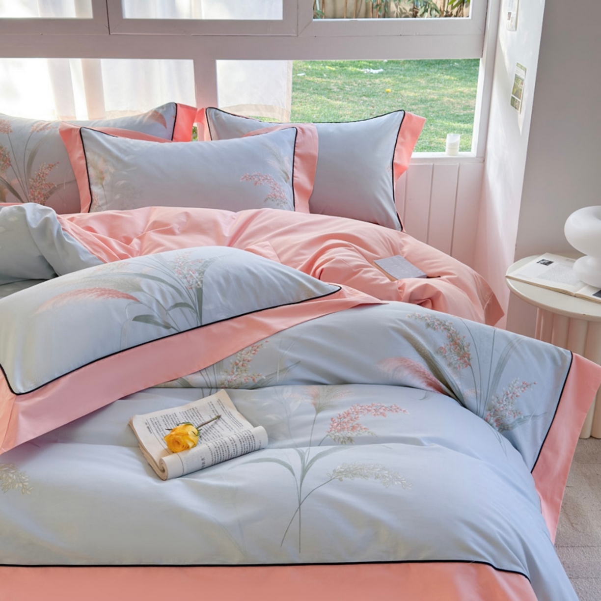 91家纺网 家纺一手货源 找家纺 7V 2026新款嵌绳宽边纯棉四件套13376全棉小清新喷气宽幅长绒棉被套床单床笠套件 倾城