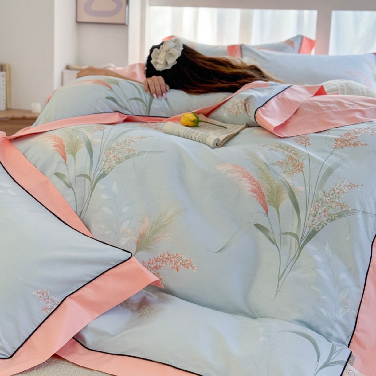 91家纺网 家纺一手货源 找家纺 7V 2026新款嵌绳宽边纯棉四件套13376全棉小清新喷气宽幅长绒棉被套床单床笠套件 倾城