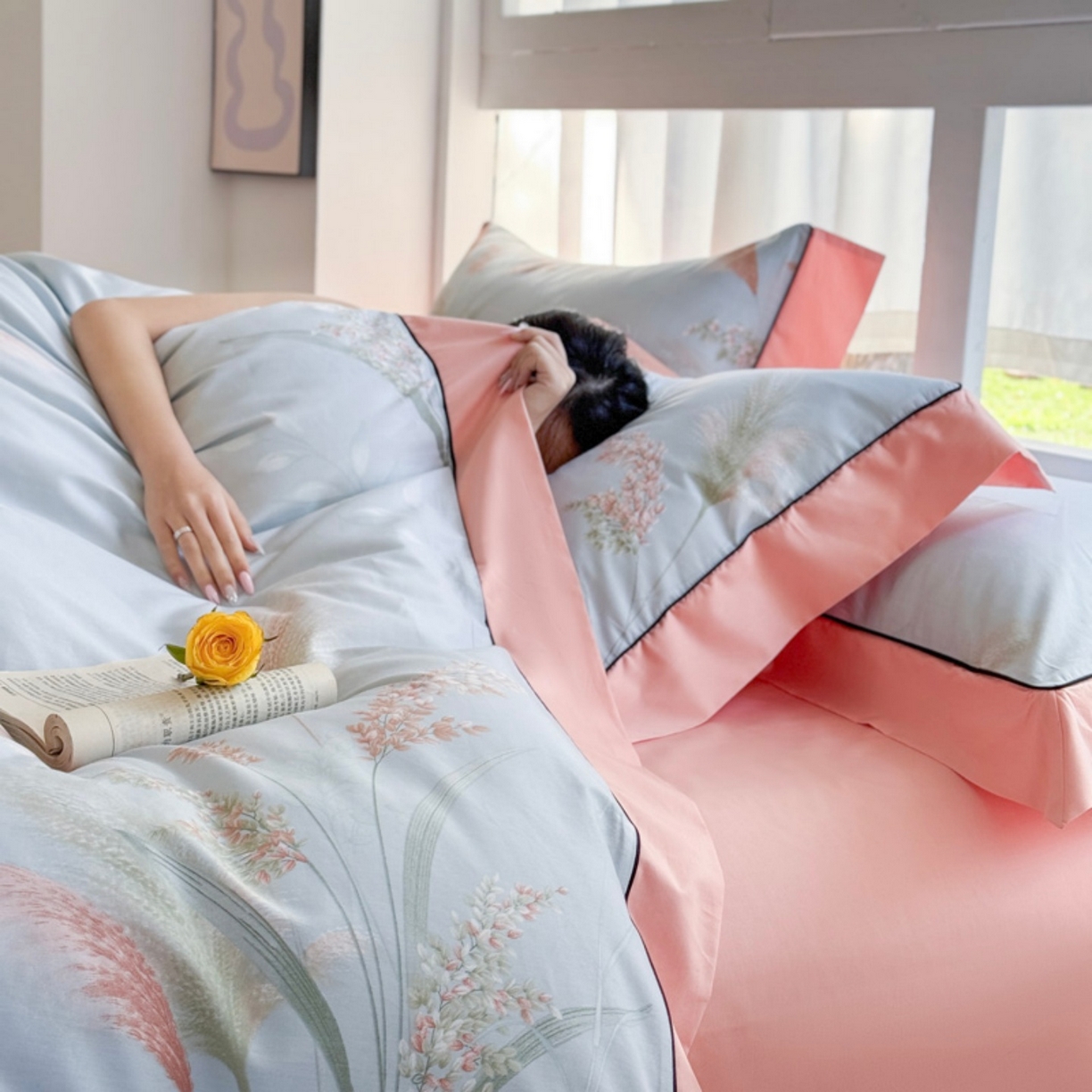 91家纺网 家纺一手货源 找家纺 7V 2026新款嵌绳宽边纯棉四件套13376全棉小清新喷气宽幅长绒棉被套床单床笠套件 倾城