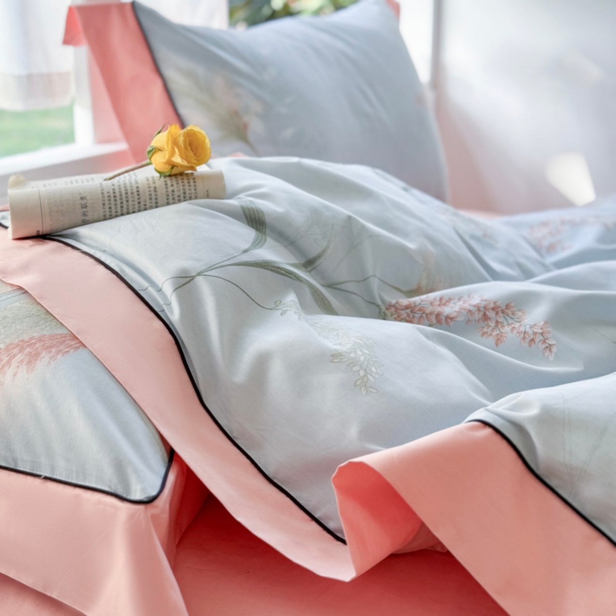 91家纺网 家纺一手货源 找家纺 7V 2026新款嵌绳宽边纯棉四件套13376全棉小清新喷气宽幅长绒棉被套床单床笠套件 倾城