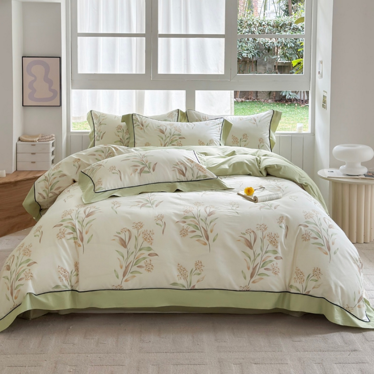 7V 2026新款嵌绳宽边纯棉四件套13376全棉小清新喷气宽幅长绒棉被套床单床笠套件 森野花簇