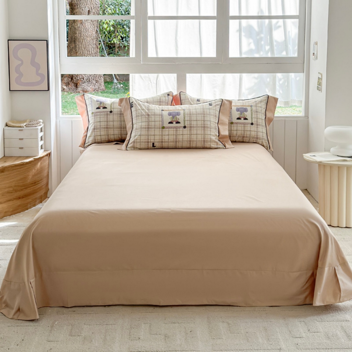 91家纺网 家纺一手货源 找家纺 7V 2026新款嵌绳宽边纯棉四件套13376全棉小清新喷气宽幅长绒棉被套床单床笠套件 小象咖