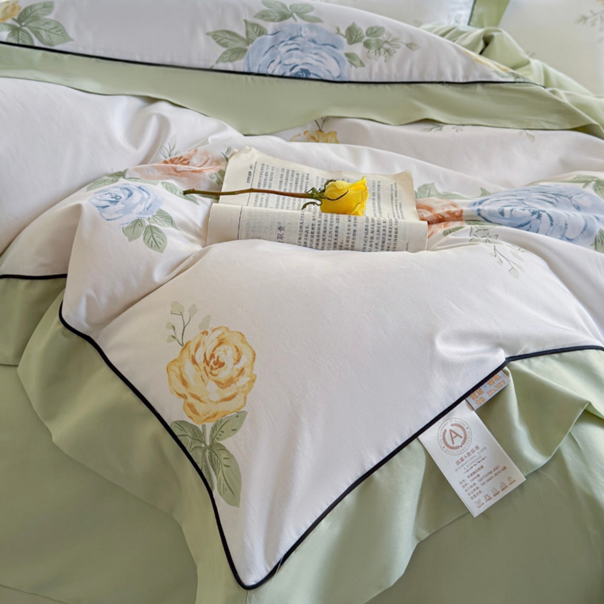 91家纺网 家纺一手货源 找家纺 7V 2026新款嵌绳宽边纯棉四件套13376全棉小清新喷气宽幅长绒棉被套床单床笠套件 絮棠