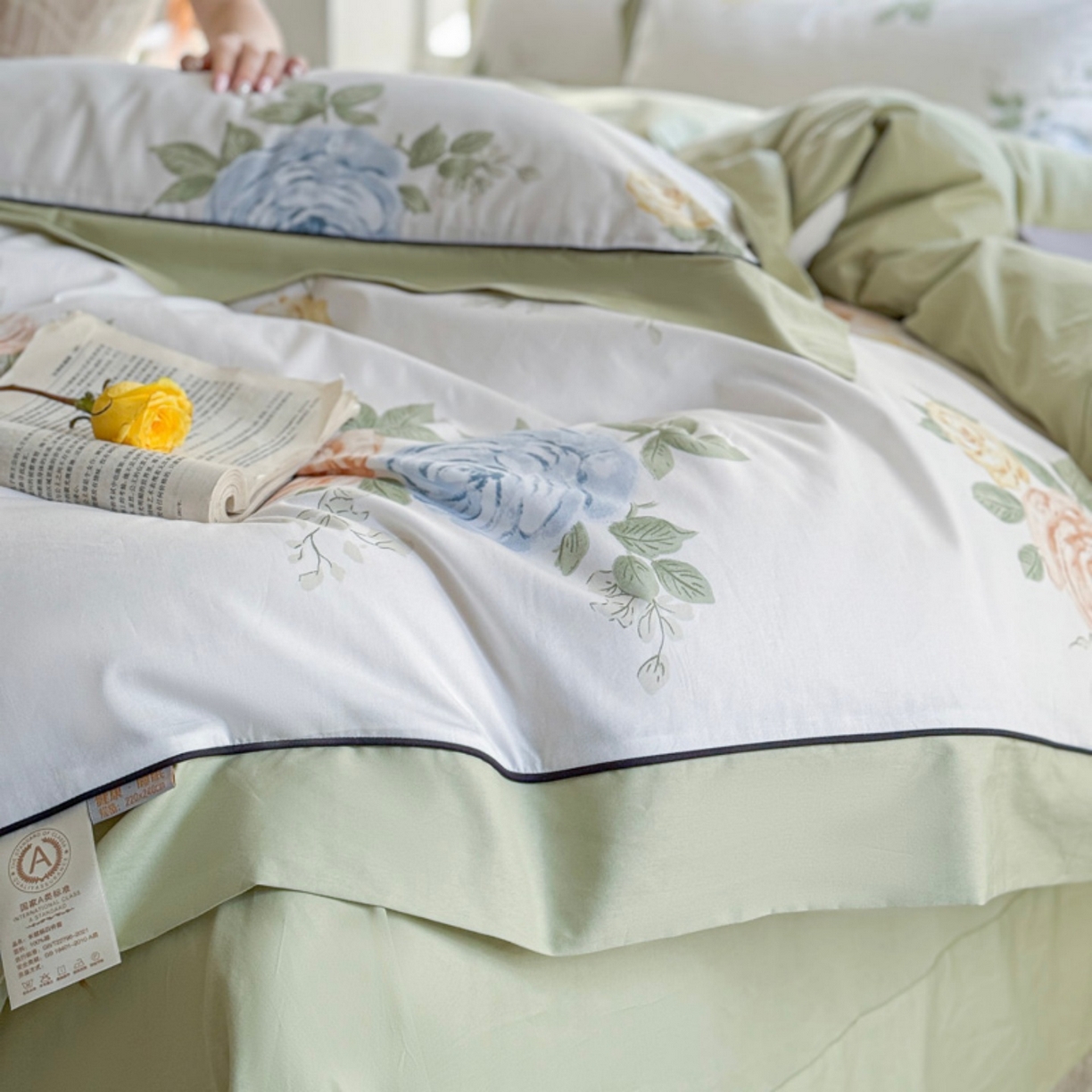 91家纺网 家纺一手货源 找家纺 7V 2026新款嵌绳宽边纯棉四件套13376全棉小清新喷气宽幅长绒棉被套床单床笠套件 絮棠