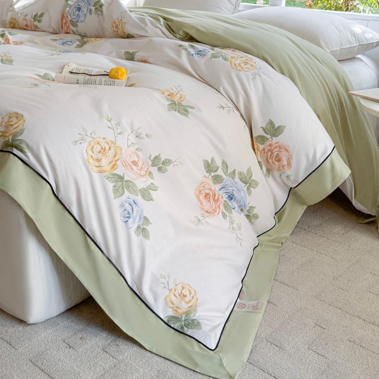 91家纺网 家纺一手货源 找家纺 7V 2026新款嵌绳宽边纯棉四件套13376全棉小清新喷气宽幅长绒棉被套床单床笠套件 絮棠