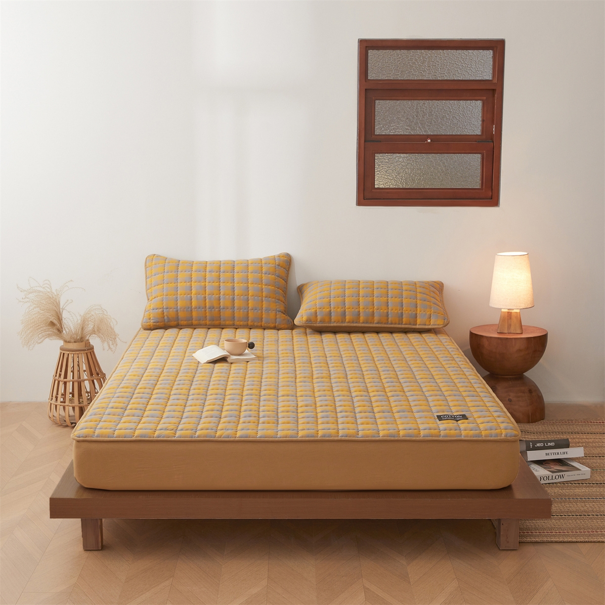 3C 2026新款全棉水洗棉棉花夹棉床笠 黄灰格