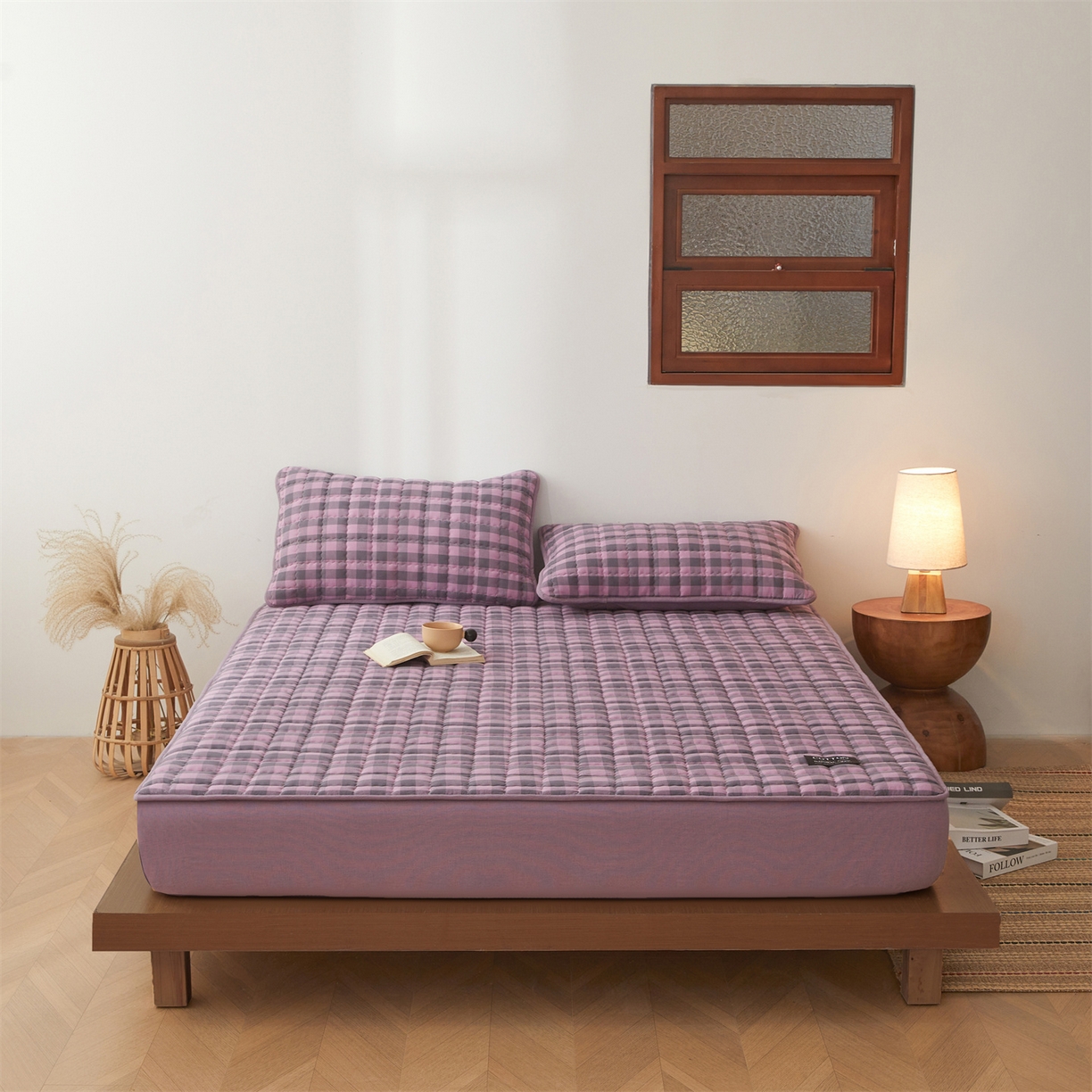 3C 2026新款全棉水洗棉棉花夹棉床笠 紫灰格