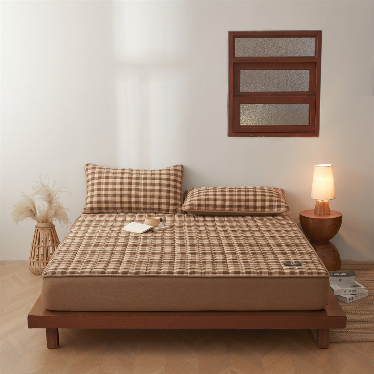 3C 2026新款全棉水洗棉棉花夹棉床笠 棕咖格