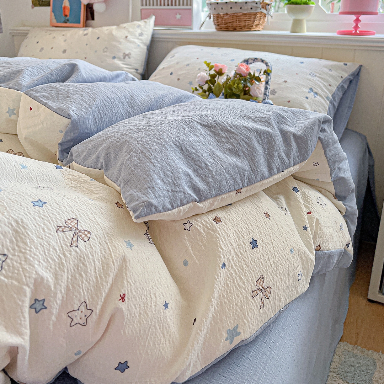 91家纺网 家纺一手货源 找家纺 （总）N先生+V 13814689556 发大图/买家秀 2026春夏新款泡芙云感双层纱四件套