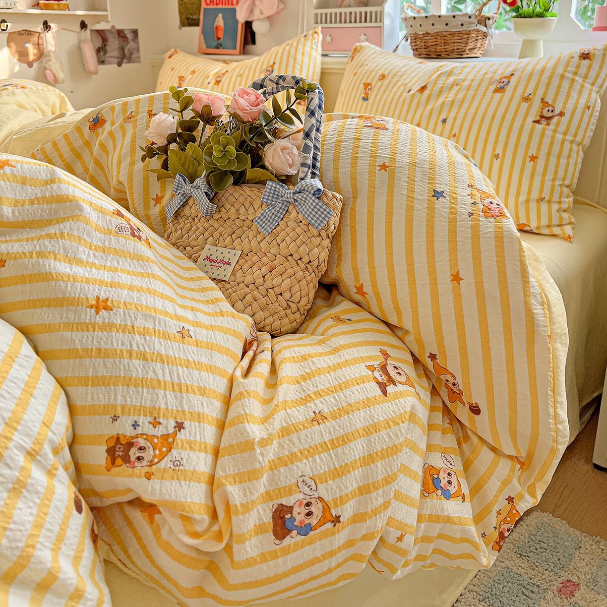 91家纺网 家纺一手货源 找家纺 N先生+V 13814689556 发大图/买家秀 2026春夏新款泡芙云感双层纱四件套 可爱萌星