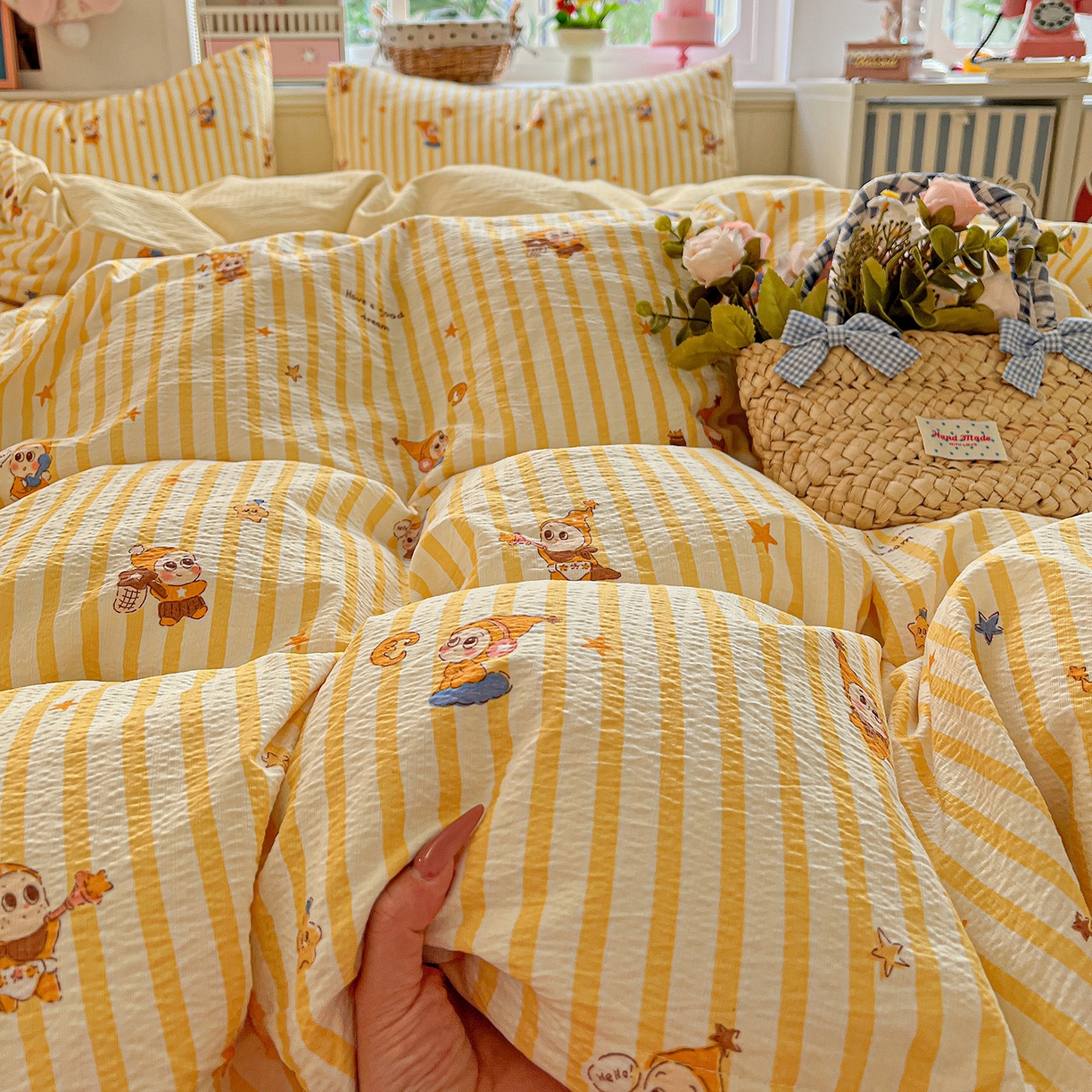 91家纺网 家纺一手货源 找家纺 N先生+V 13814689556 发大图/买家秀 2026春夏新款泡芙云感双层纱四件套 可爱萌星