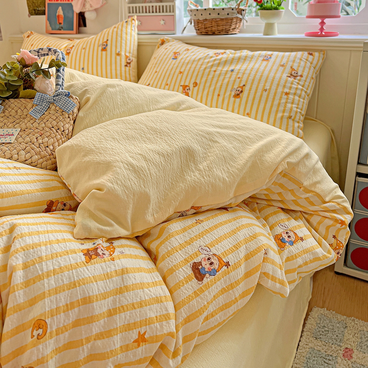 91家纺网 家纺一手货源 找家纺 N先生+V 13814689556 发大图/买家秀 2026春夏新款泡芙云感双层纱四件套 可爱萌星