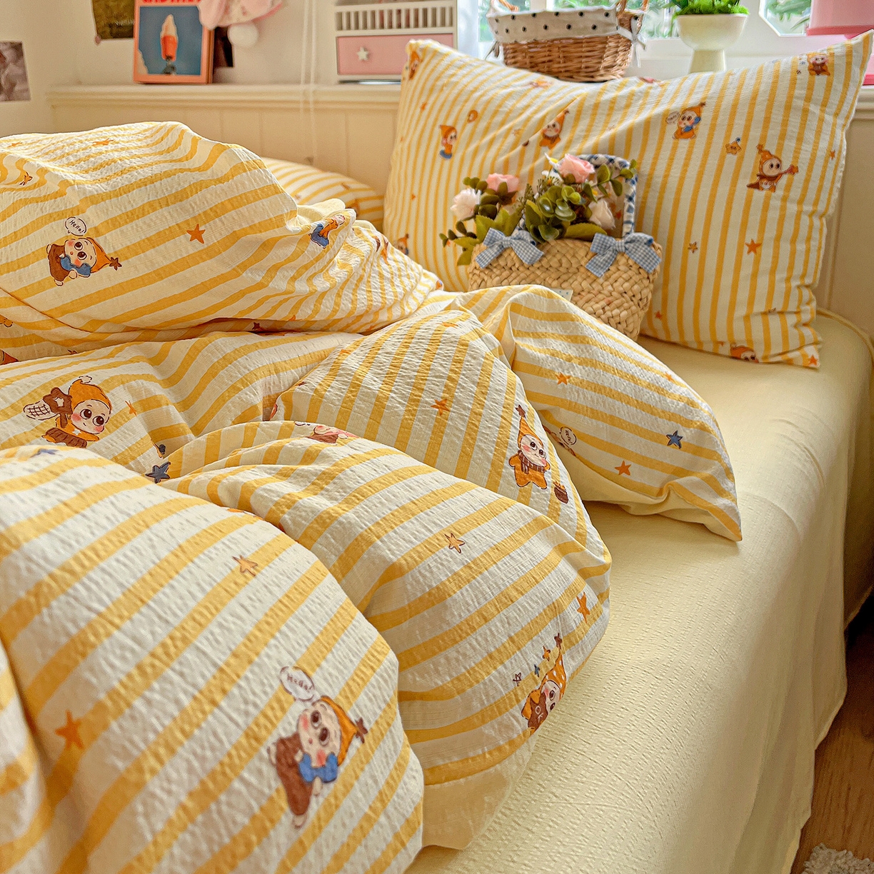 91家纺网 家纺一手货源 找家纺 N先生+V 13814689556 发大图/买家秀 2026春夏新款泡芙云感双层纱四件套 可爱萌星