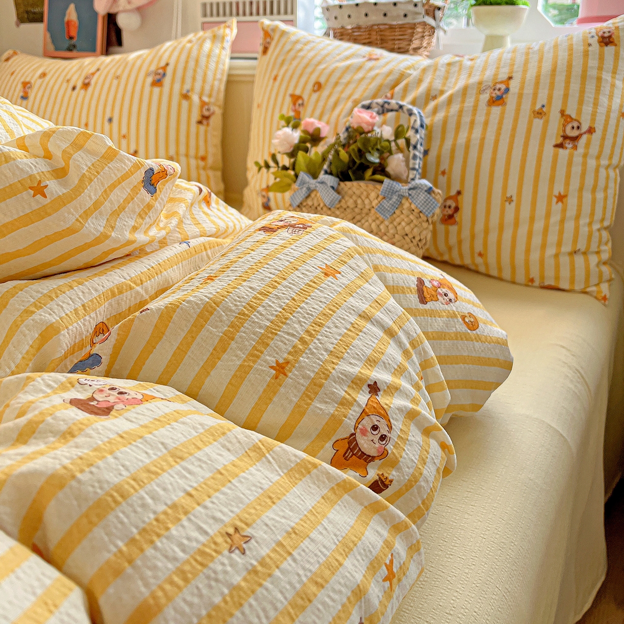 91家纺网 家纺一手货源 找家纺 N先生+V 13814689556 发大图/买家秀 2026春夏新款泡芙云感双层纱四件套 可爱萌星