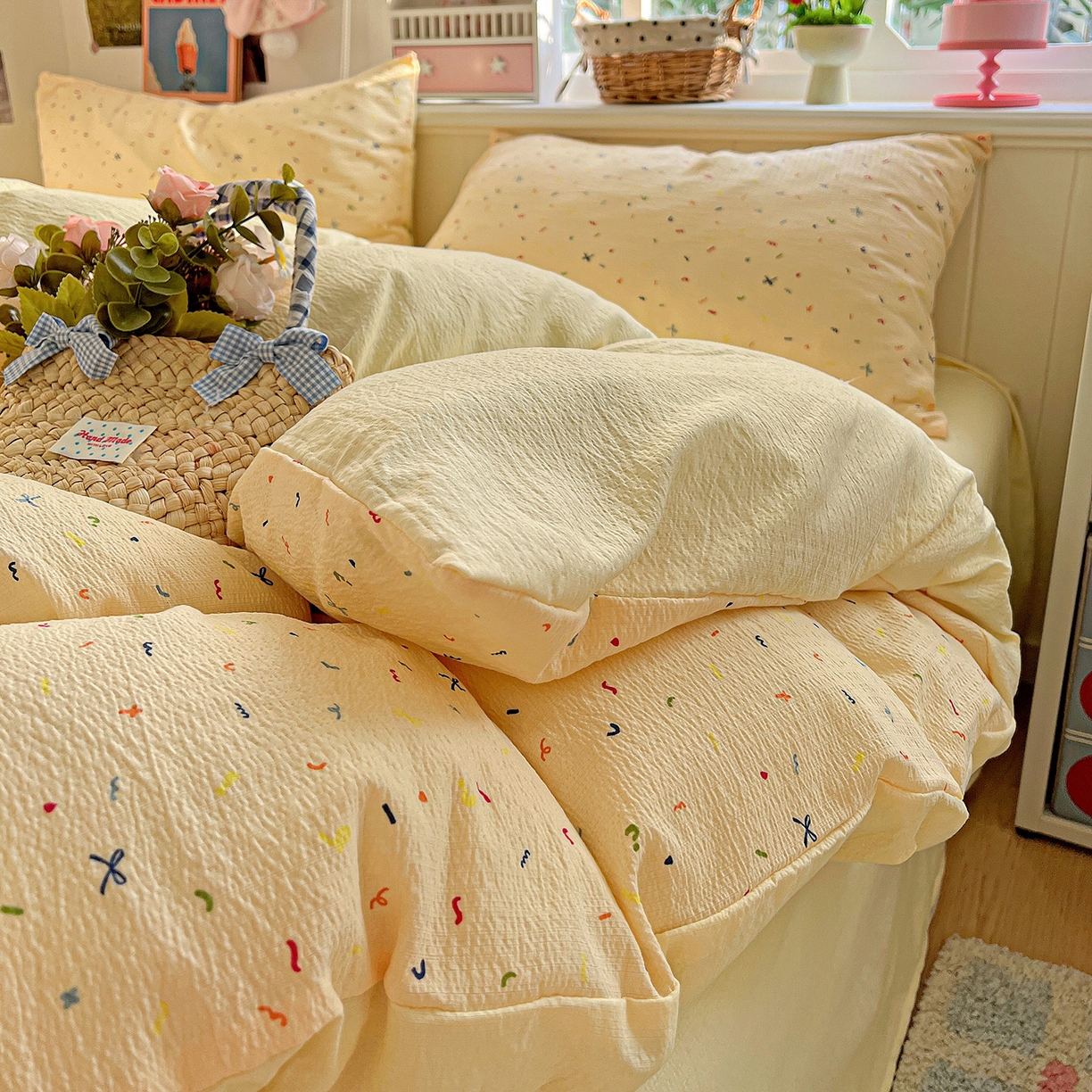 91家纺网 家纺一手货源 找家纺 N先生+V 13814689556 发大图/买家秀 2026春夏新款泡芙云感双层纱四件套 冰激凌