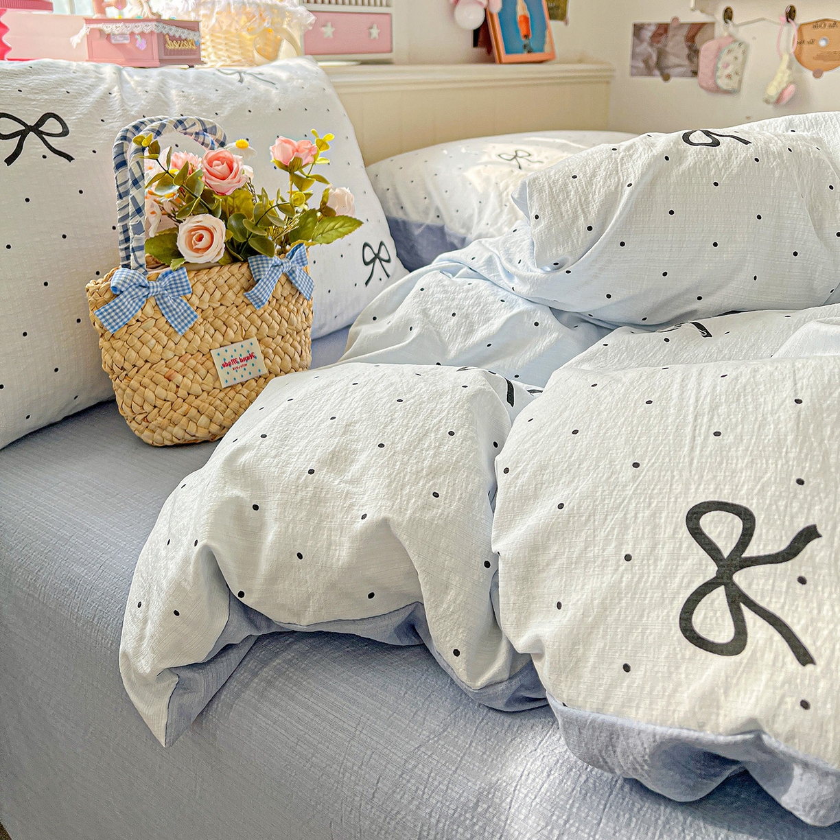 91家纺网 家纺一手货源 找家纺 N先生+V 13814689556 发大图/买家秀 2026春夏新款泡芙云感双层纱四件套 波点蝴蝶结