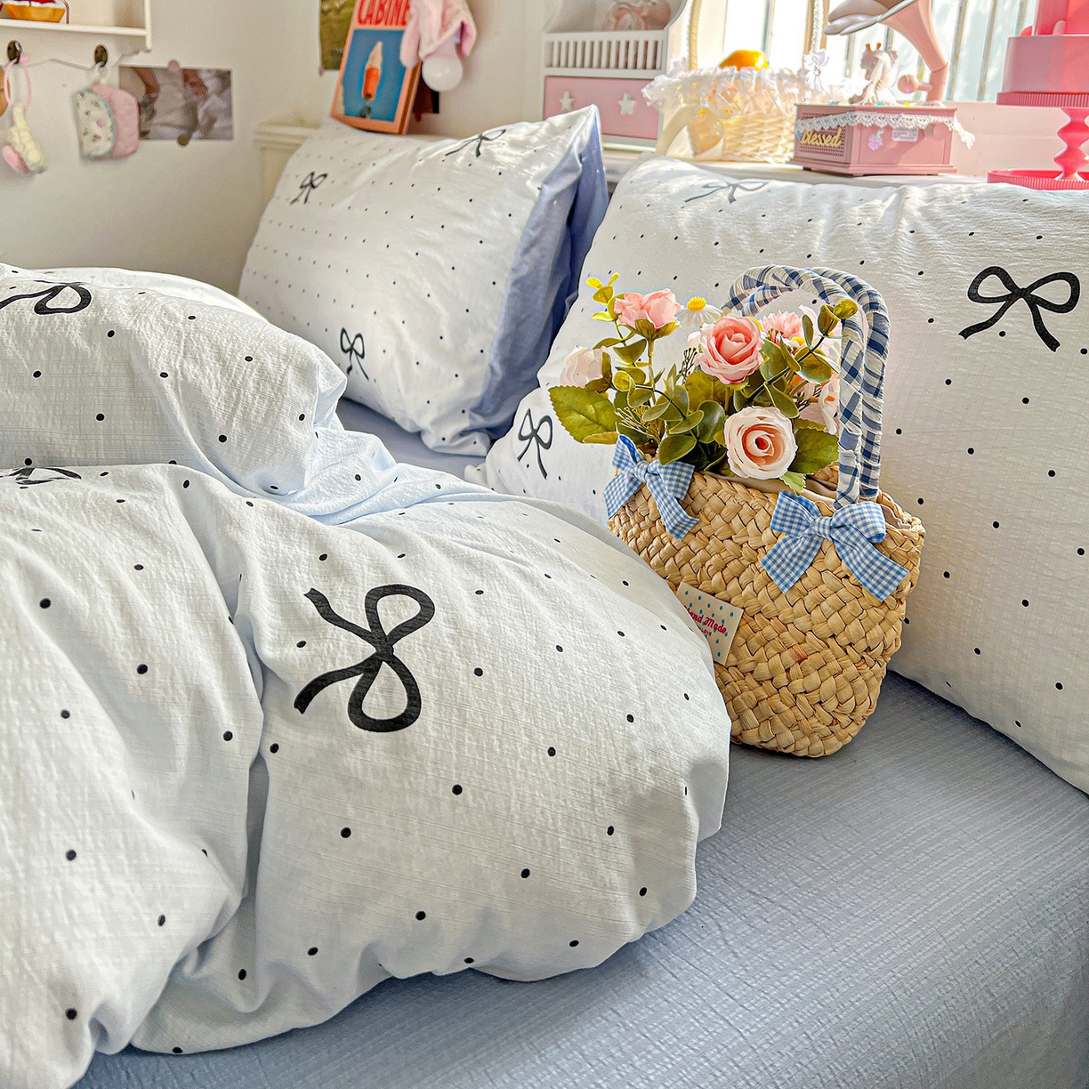 91家纺网 家纺一手货源 找家纺 N先生+V 13814689556 发大图/买家秀 2026春夏新款泡芙云感双层纱四件套 波点蝴蝶结