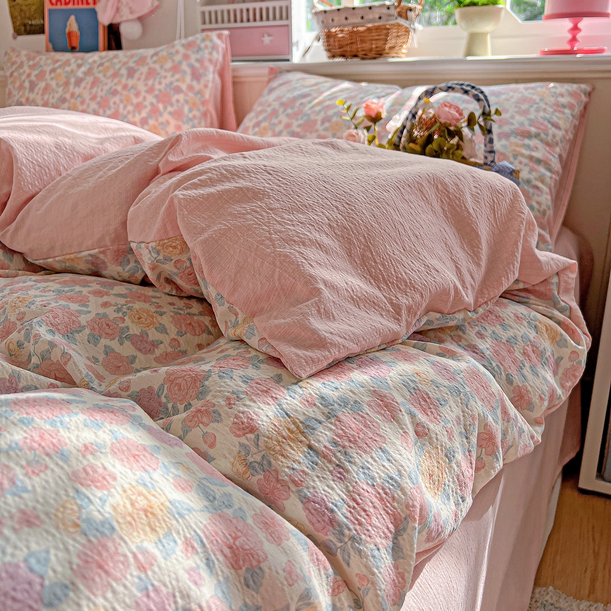 91家纺网 家纺一手货源 找家纺 N先生+V 13814689556 发大图/买家秀 2026春夏新款泡芙云感双层纱四件套 春风里