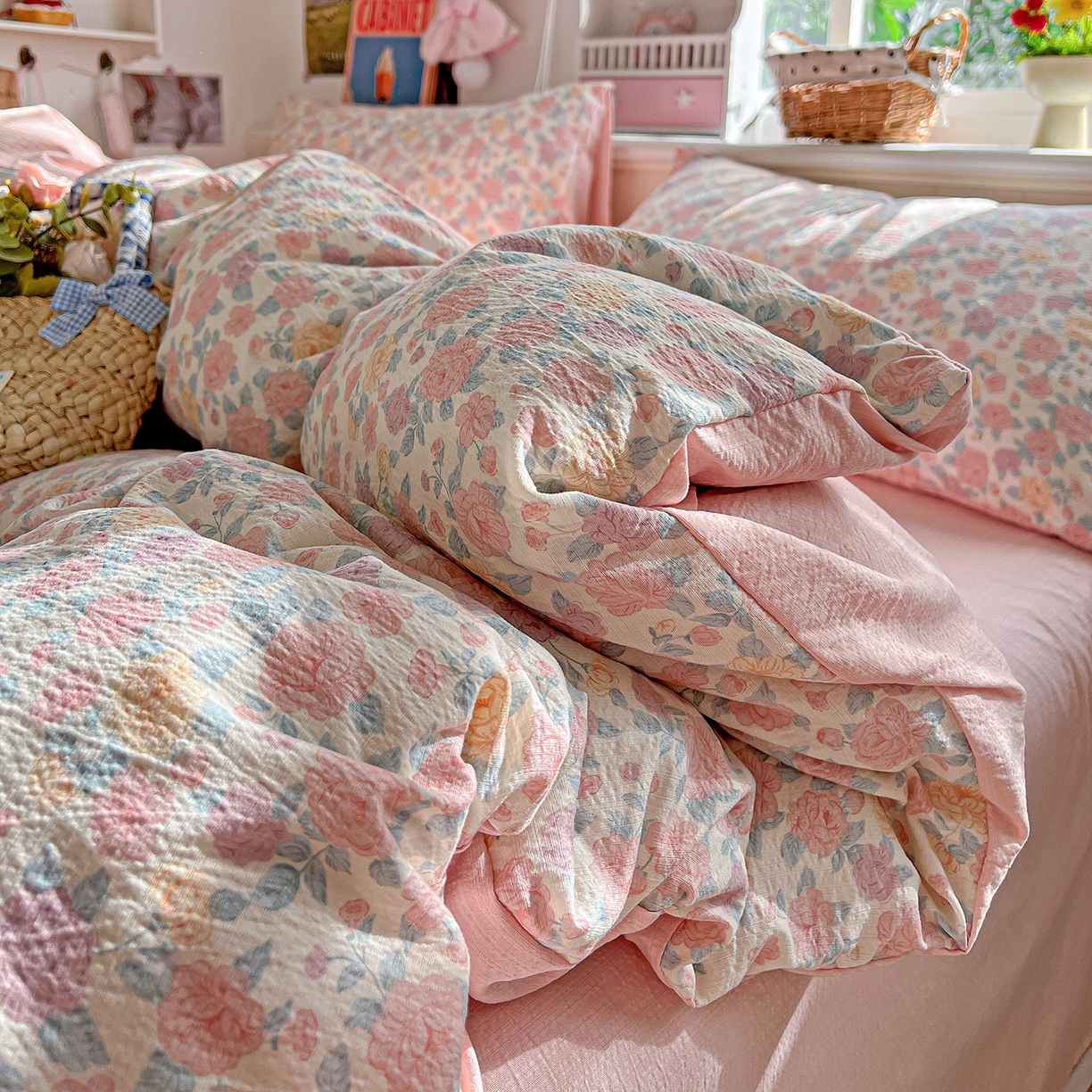 91家纺网 家纺一手货源 找家纺 N先生+V 13814689556 发大图/买家秀 2026春夏新款泡芙云感双层纱四件套 春风里