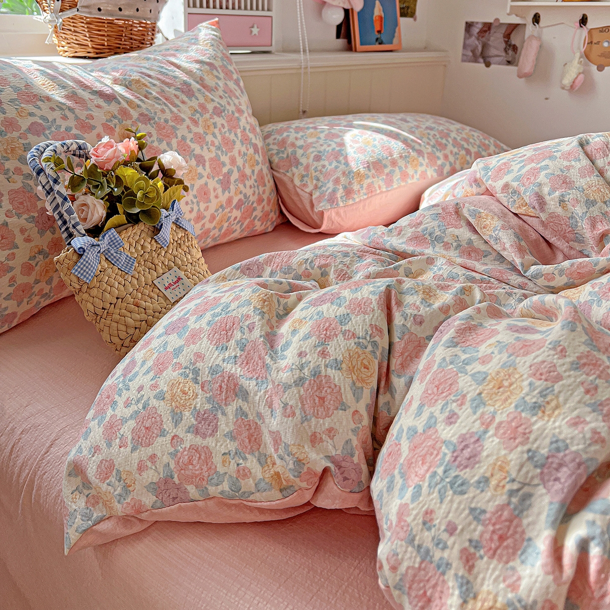 91家纺网 家纺一手货源 找家纺 N先生+V 13814689556 发大图/买家秀 2026春夏新款泡芙云感双层纱四件套 春风里