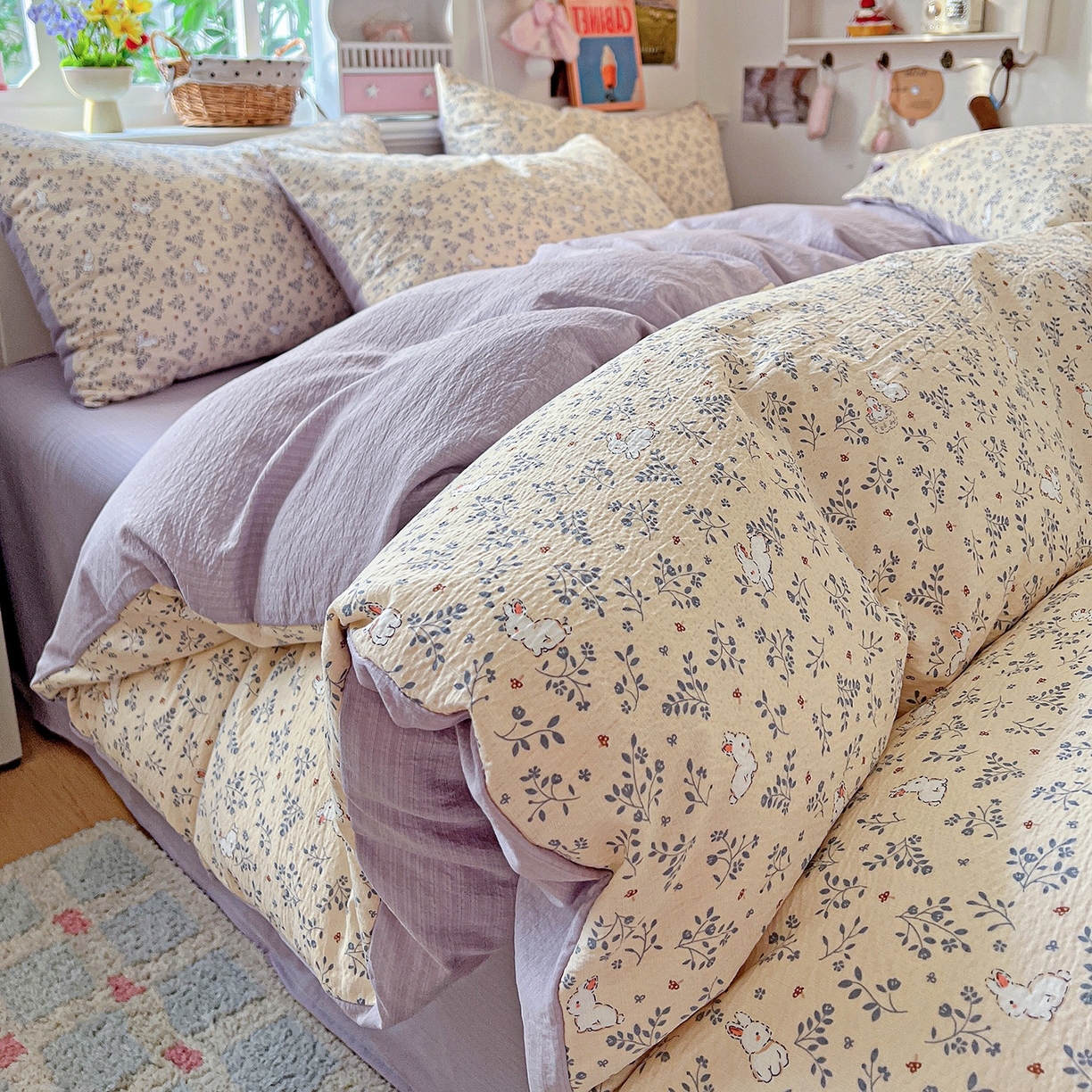 91家纺网 家纺一手货源 找家纺 N先生+V 13814689556 发大图/买家秀 2026春夏新款泡芙云感双层纱四件套 花园兔