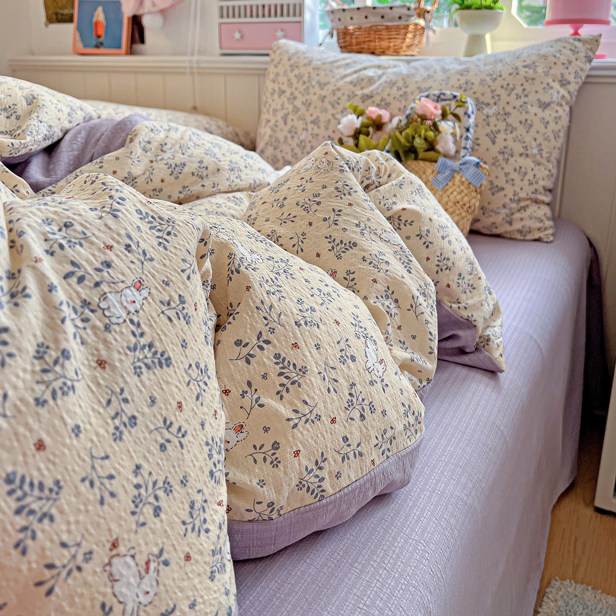 91家纺网 家纺一手货源 找家纺 N先生+V 13814689556 发大图/买家秀 2026春夏新款泡芙云感双层纱四件套 花园兔